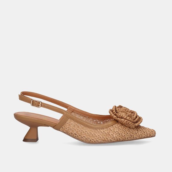 SANDALIAS BEFREE DE TACÓN BAJO CON ADORNO VALENTINA-1637 RAFFIA CAMEL